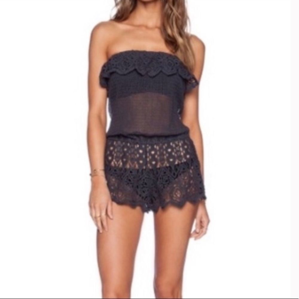 Eberjey Sun Warrior Nina Crochet Strapless Romper Cover Up Shorts Grey S/M